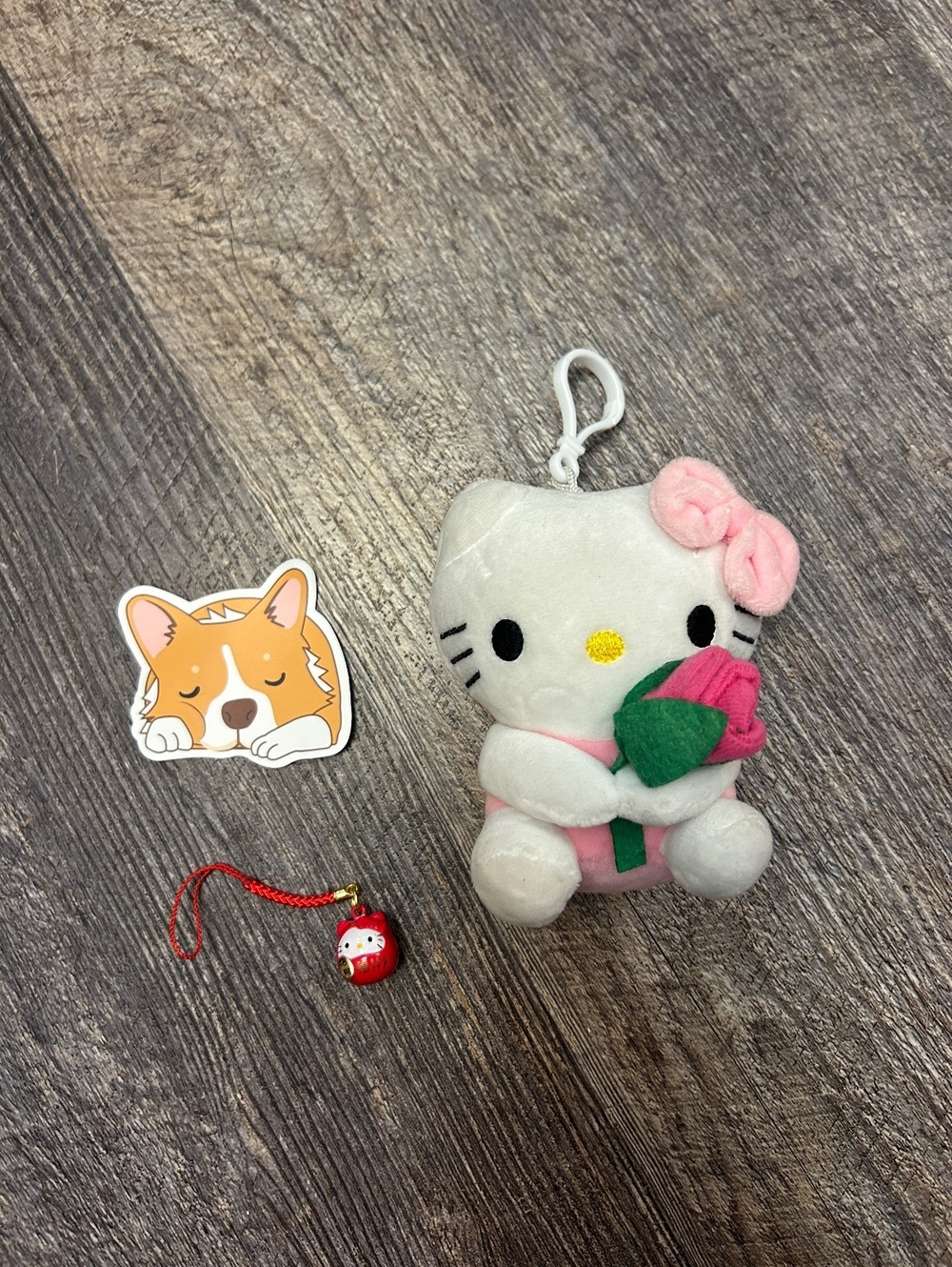 Hello Kitty Keychain Bundle Plush Charm Lunar New Year Red + Corgi Sticker